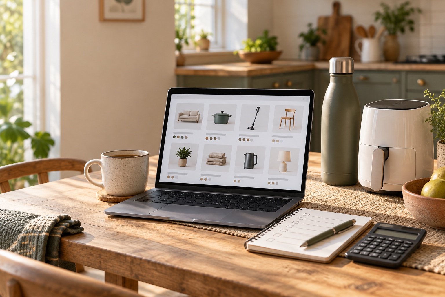 Laptop, shortlist, calculator, and unbranded household products ready for a careful deal comparison