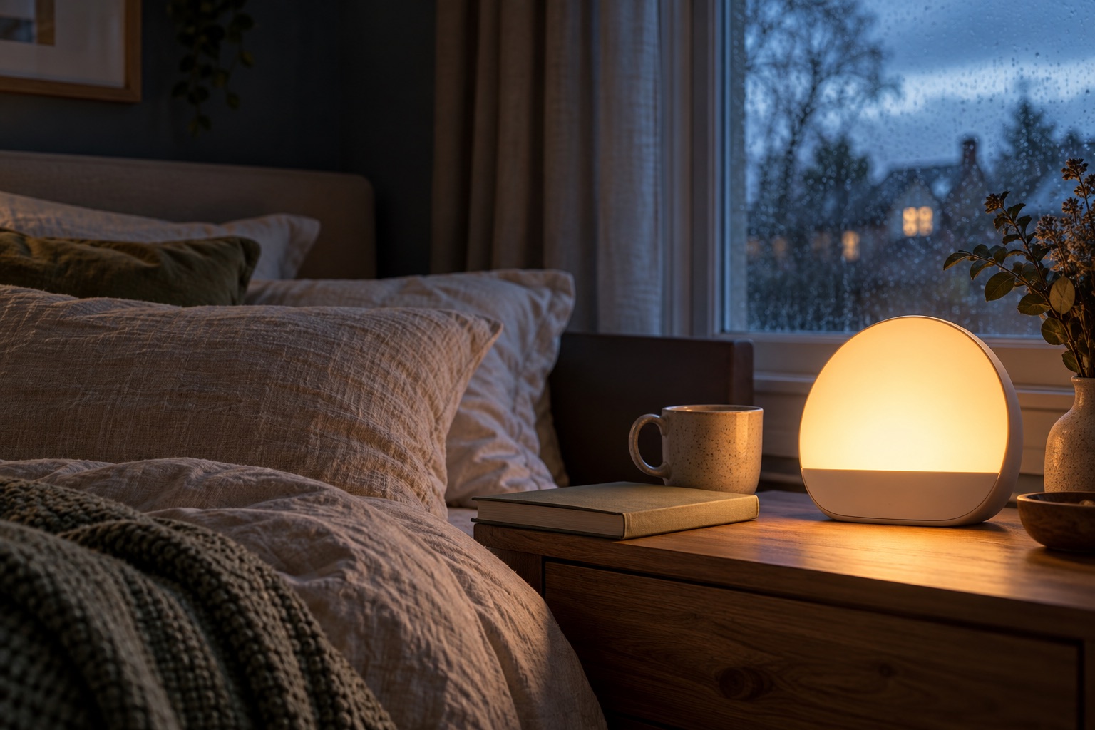 Unbranded sunrise alarm clock glowing beside a bed on a rainy dark morning